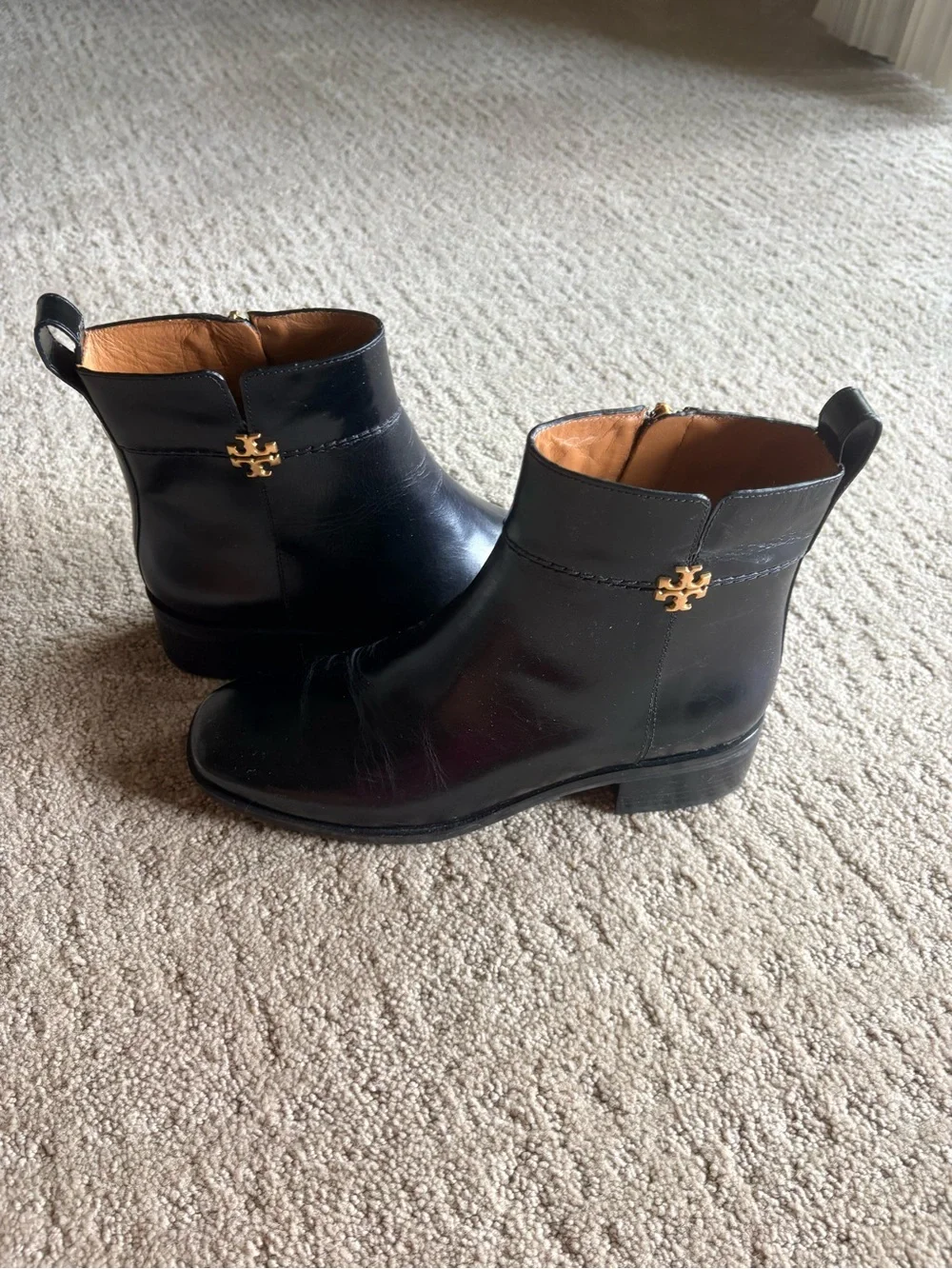 Tory Burch Black Leather Ankle Booties with Gold Logo Stud